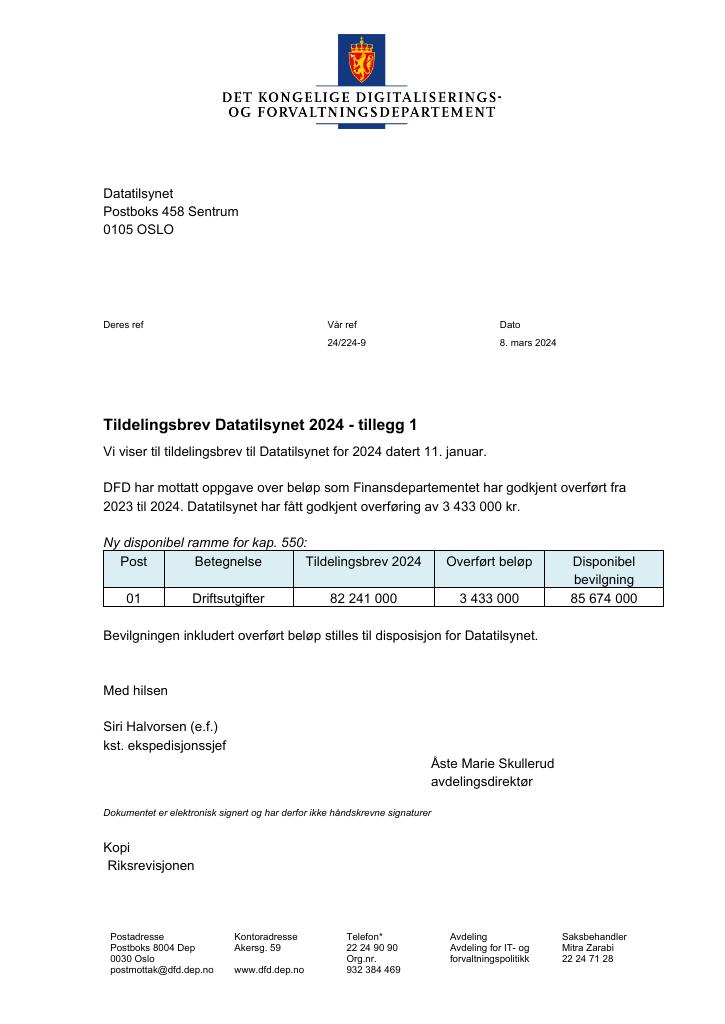 Forsiden av dokumentet Tildelingsbrev Datatilsynet 2024 - tillegg