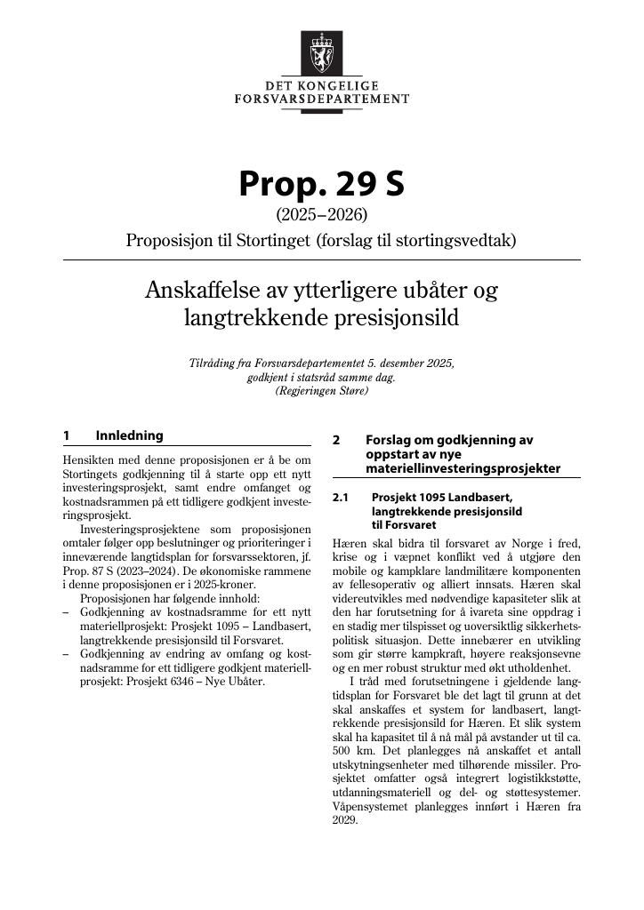 Forsiden av dokumentet Prop. 29 S (2025–2026)