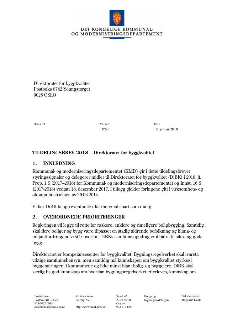 Forsiden av dokumentet Tildelingsbrev Direktoratet for byggkvalitet 2018