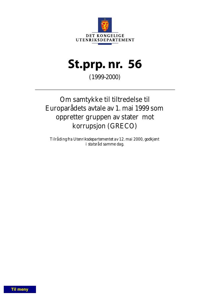 Forsiden av dokumentet St.prp. nr. 56 (1999-2000)