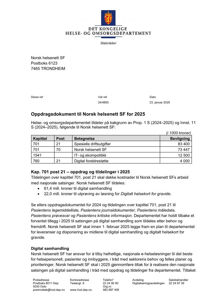 Forsiden av dokumentet Oppdragsbrev Norsk Helsenett SF 2025