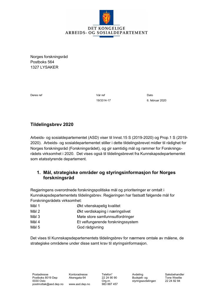 Forsiden av dokumentet Tildelingsbrev Noregs forskingsråd 2020