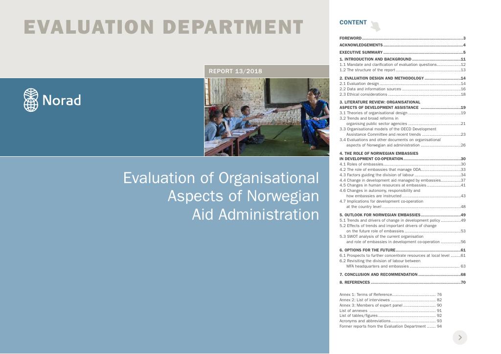 Forsiden av dokumentet Evaluation of Organisational Aspects of Norwegian Aid Administration
