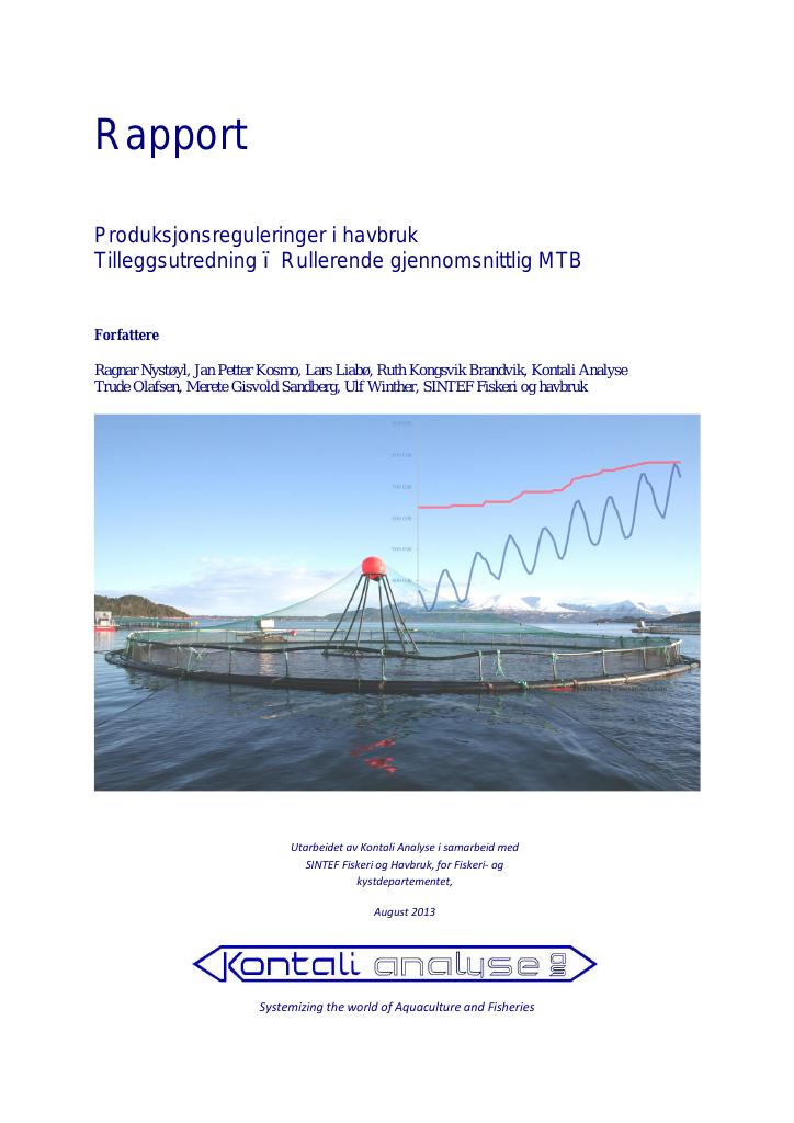 Forsiden av dokumentet Produksjonsreguleringer i havbruk: Tilleggsutredning – Rullerende gjennomsnittlig MTB