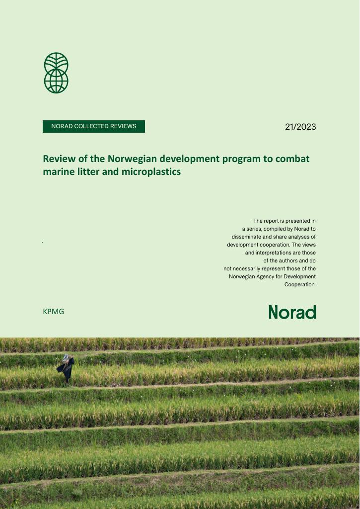 Forsiden av dokumentet Review of the Norwegian development program to combat marine litter and microplastics : Desentralisert evaluering/Norad Collected Reviews