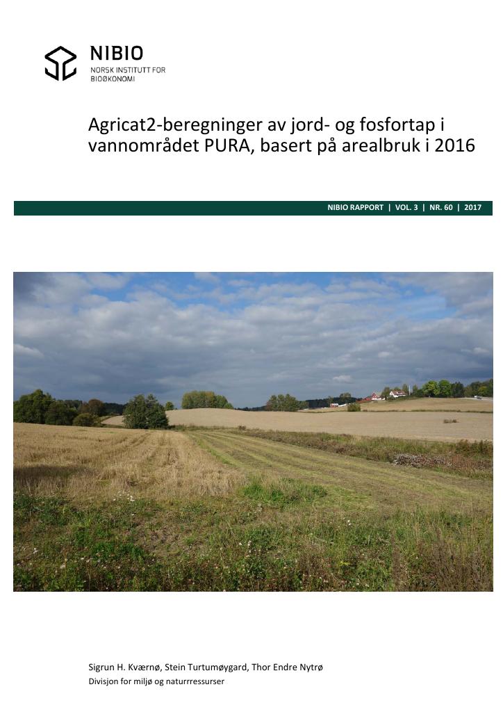 Forsiden av dokumentet Agricat2-beregninger av jord- og fosfortap i vannområdet PURA, basert på arealbruk i 2016