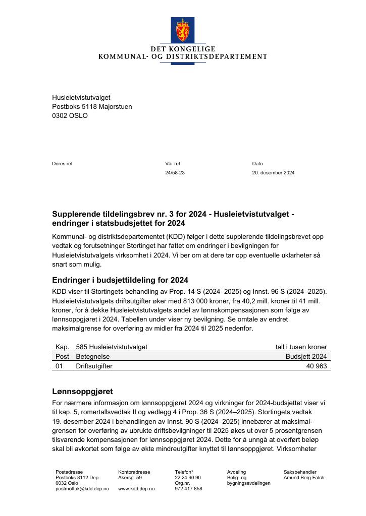 Forsiden av dokumentet Tildelingsbrev Husleietvistutvalget 2024 - tillegg nr. 3
