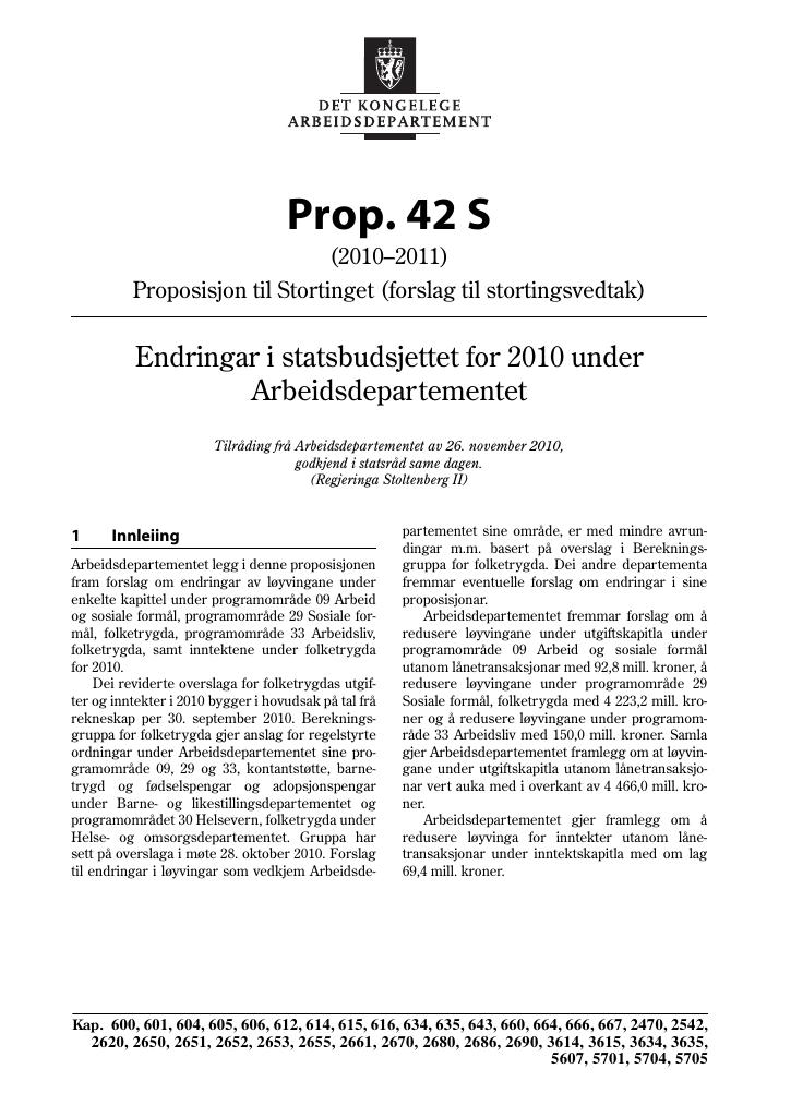 Forsiden av dokumentet Prop. 42 S (2010–2011)