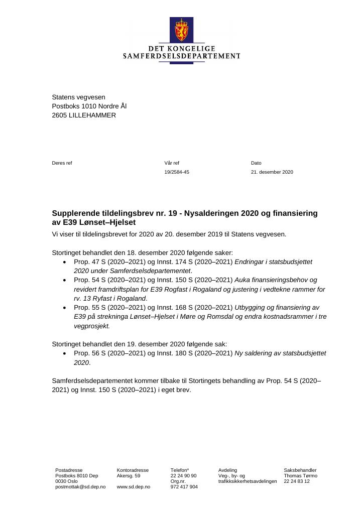 Forsiden av dokumentet Supplerende tildelingsbrev Statens vegvesen 2020 - tillegg nr. 19