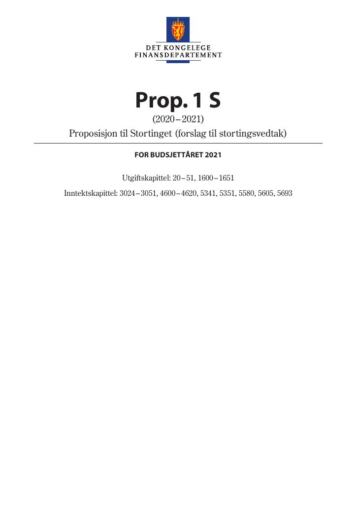 Forsiden av dokumentet Prop. 1 S (2020–2021)