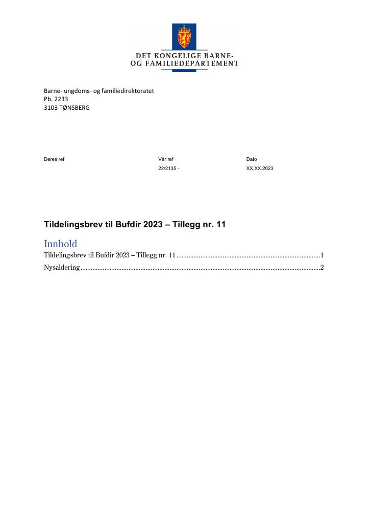 Forsiden av dokumentet Tildelingsbrev Bufdir 2023 - tillegg nr. 11