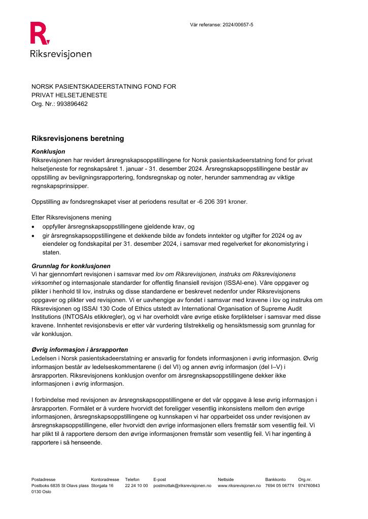 Forsiden av dokumentet Revisjonsberetning Norsk pasientskadeerstatningg fond for privat helsetjeneste  2024