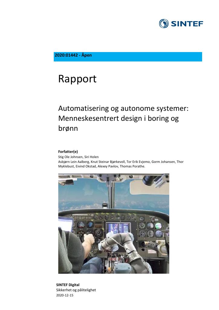 Forsiden av dokumentet Automatisering og autonome systemer - Menneskesentrert design i boring og brønn