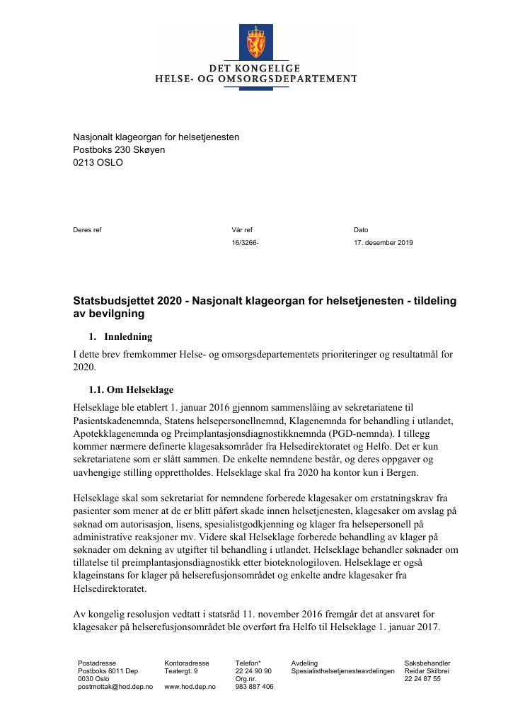 Forsiden av dokumentet Tildelingsbrev Nasjonalt klageorgan for helsetjenesten 2020