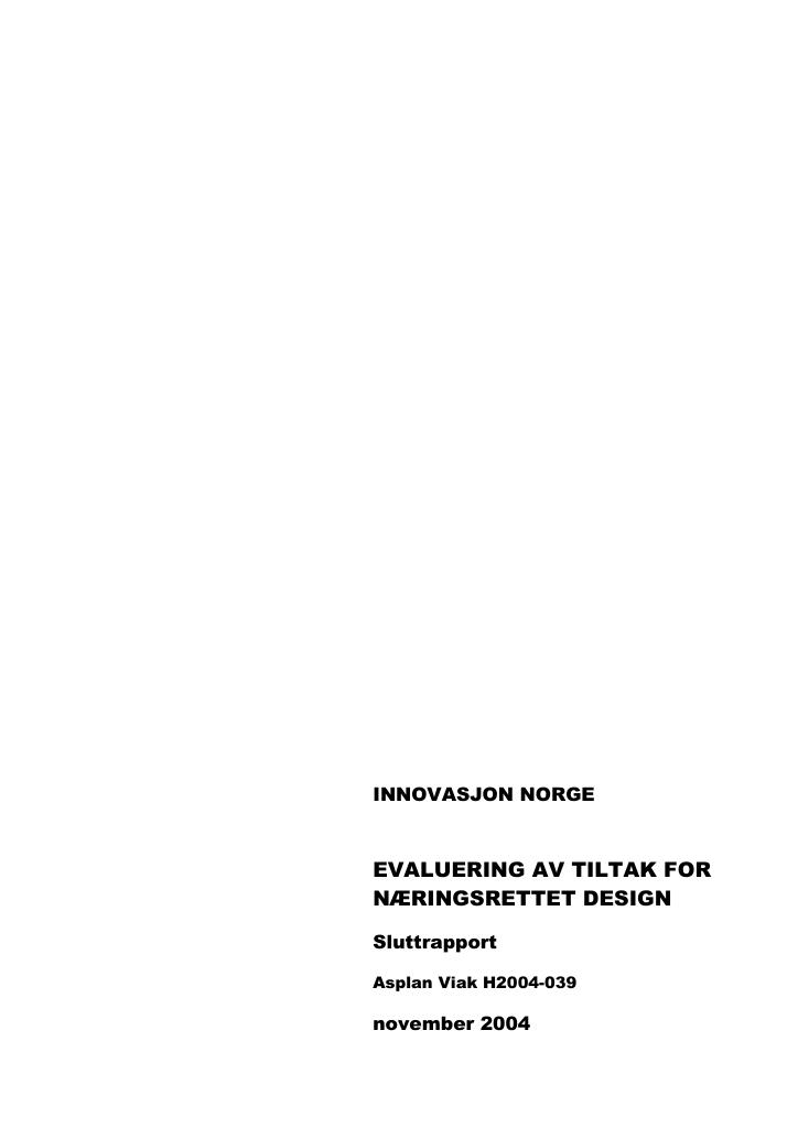 Forsiden av dokumentet Evaluering av tiltak for næringsrettet design