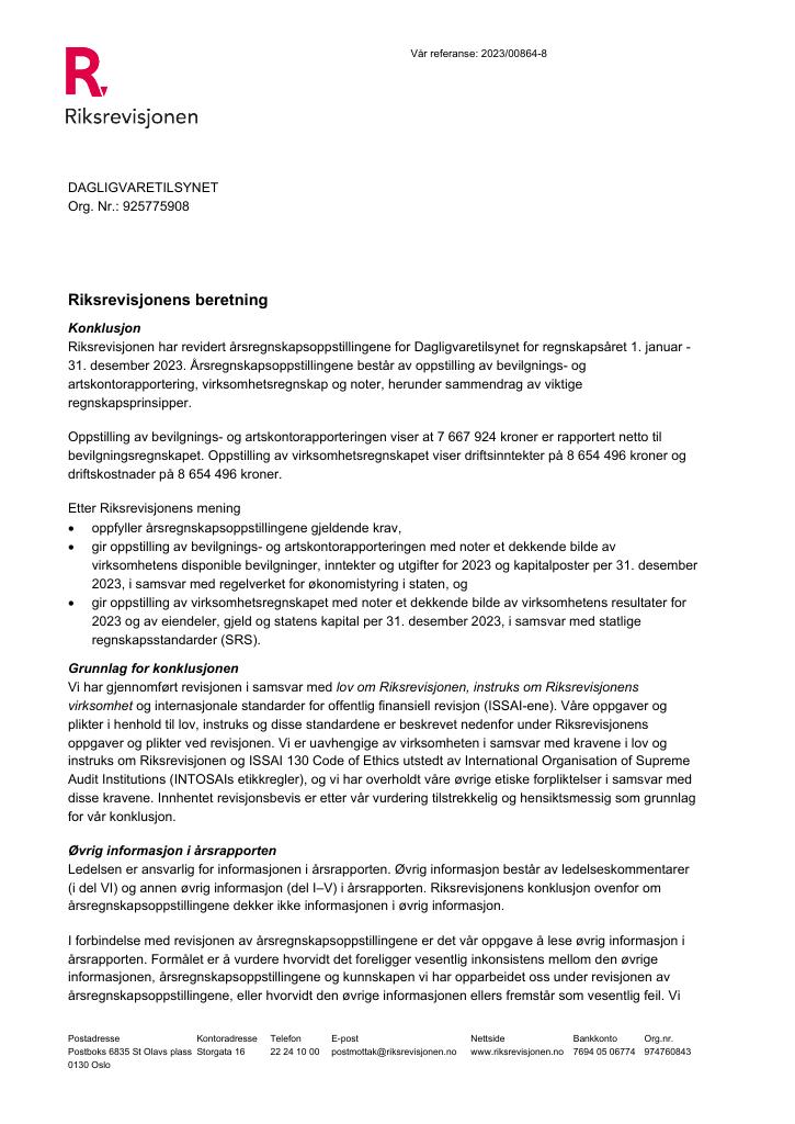 Forsiden av dokumentet Revisjonsberetning Dagligvaretilsynet 2023