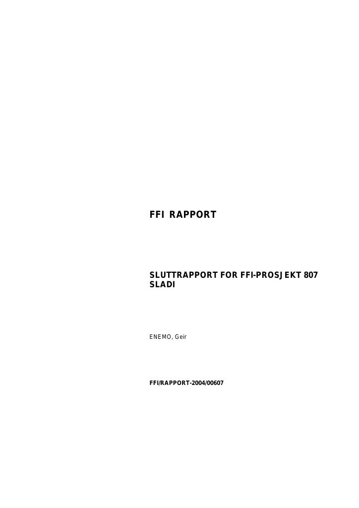 Forsiden av dokumentet Sluttrapport for FFI-prosjekt 807 SLADI