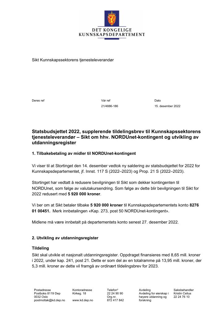 Forsiden av dokumentet Tildelingsbrev Sikt 2022 - tillegg nr. 2