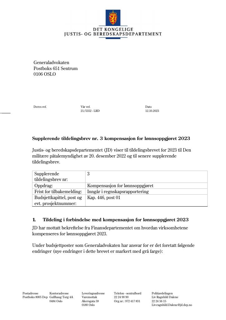 Forsiden av dokumentet Tildelingsbrev Generaladvokaten (Den militære påtalemyndighet) 2023 - tillegg nr. 3