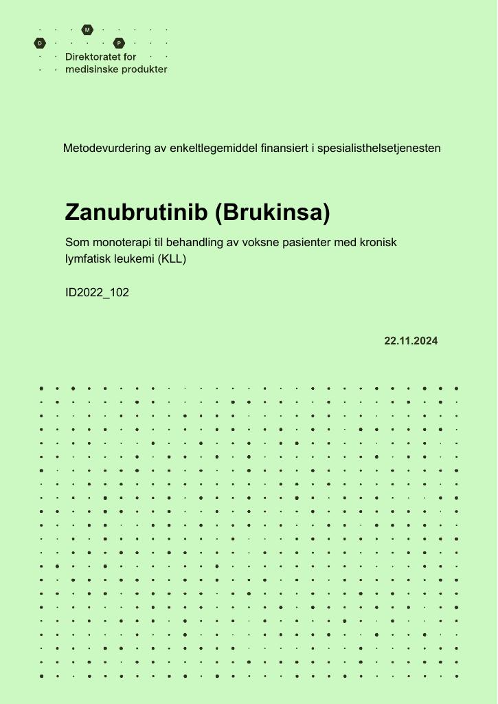 Forsiden av dokumentet Zanubrutinib (Brukinsa) som monoterapi til behandling av voksne pasienter med kronisk lymfatisk leukemi (KLL)