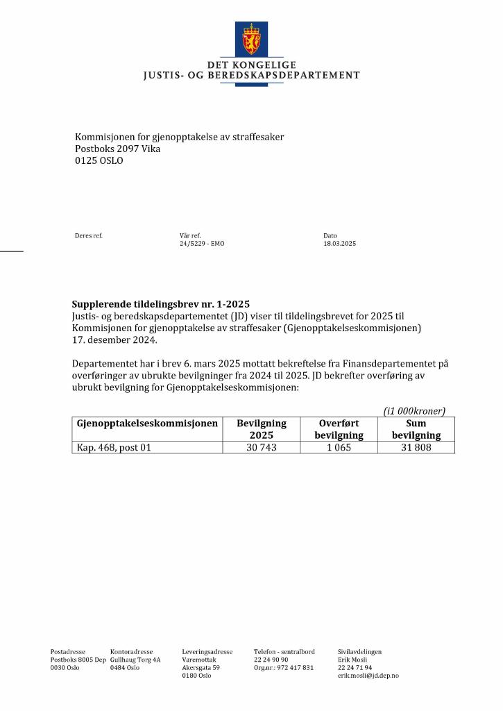 Forsiden av dokumentet Tildelingsbrev Kommisjonen for gjenopptakelse av straffesaker 2025 - tillegg nr. 1