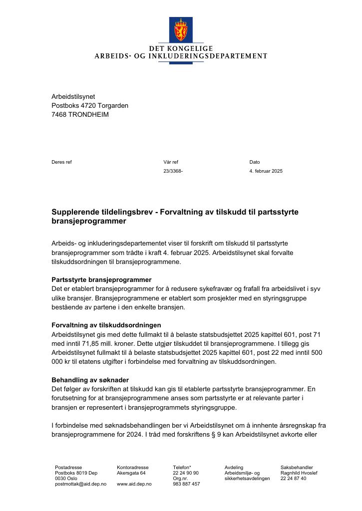 Forsiden av dokumentet Tildelingsbrev Arbeidstilsynet 2025 - tillegg nr. 1