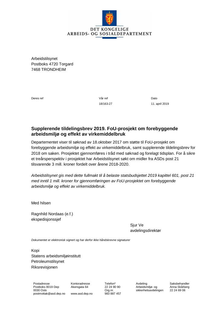 Forsiden av dokumentet Tildelingsbrev Arbeidstilsynet 2019 - tillegg nr. 3