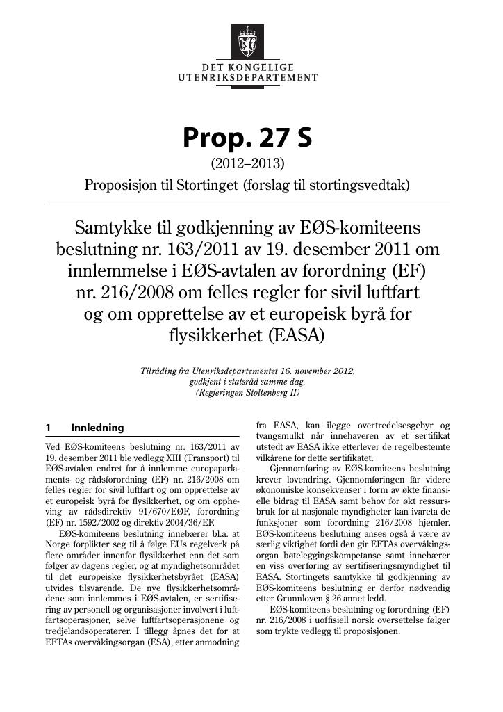 Forsiden av dokumentet Prop. 27 S (2012–2013)