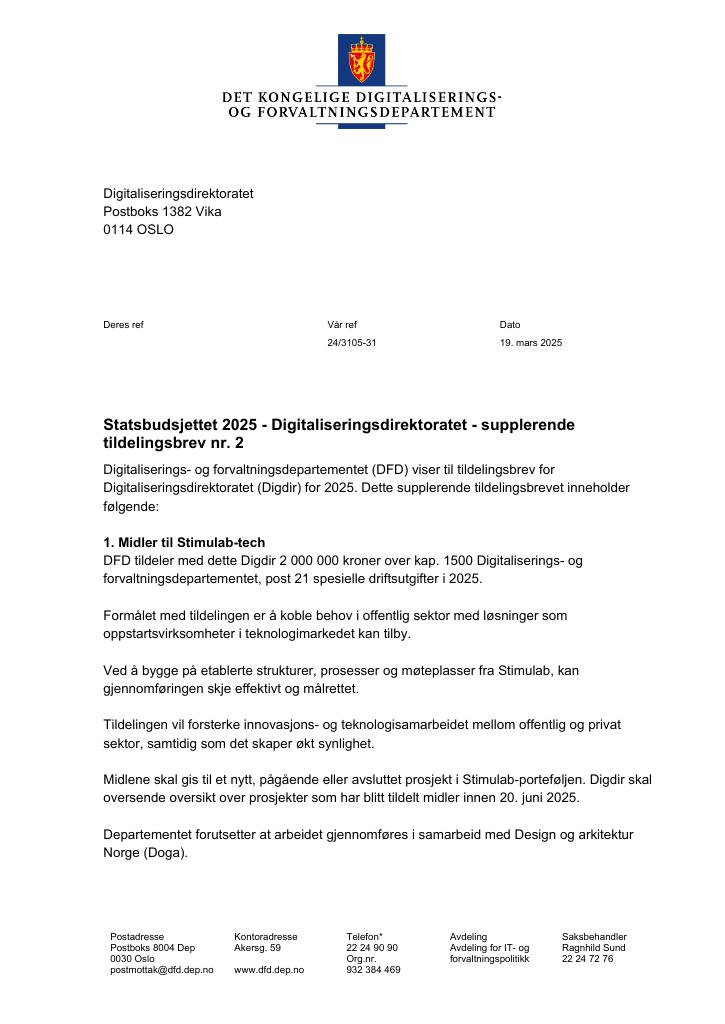 Forsiden av dokumentet Tildelingsbrev Digitaliseringsdirektoratet 2025 - tillegg nr. 2