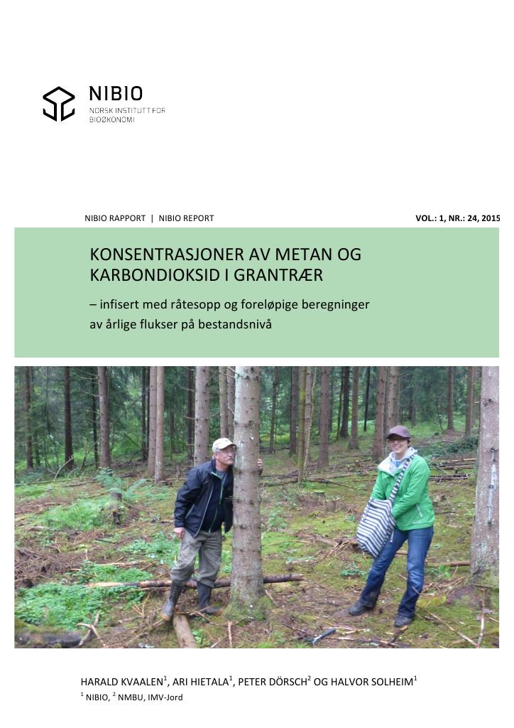 Forsiden av dokumentet Konsentrasjoner av metan og karbondioksid i grantrær : infisert med råtesopp og foreløpige beregninger av årlige flukser på bestandsnivå
