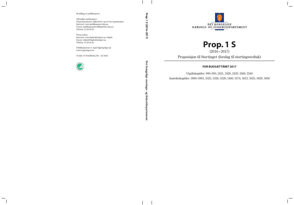 Forsiden av dokumentet Prop. 1 S (2016–2017)