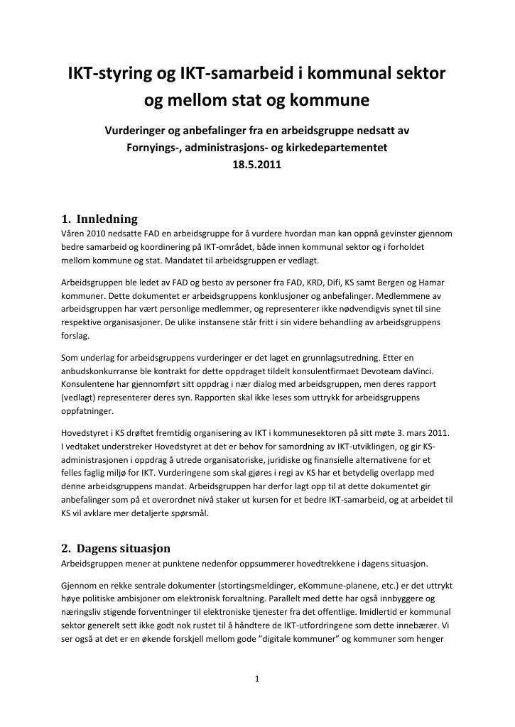 Forsiden av dokumentet IKT-styring og IKT-samarbeid i kommunal sektor og mellom stat og kommune