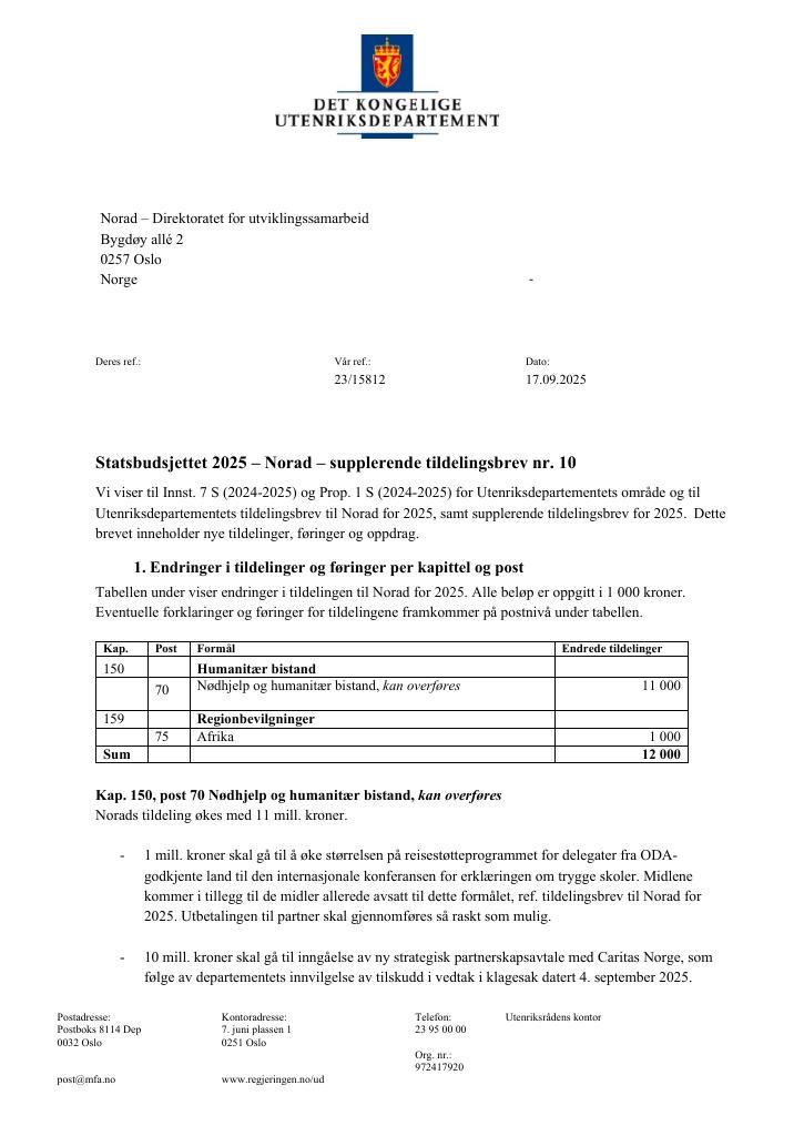 Forsiden av dokumentet Tildelingsbrev Norad 2025 - tillegg nr. 10