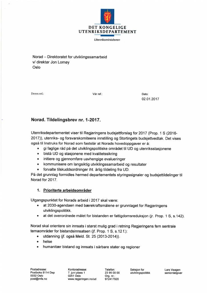 Forsiden av dokumentet Tildelingsbrev Norad 2017 - tillegg nr. 1
