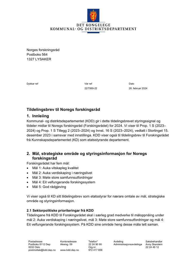 Forsiden av dokumentet Tildelingsbrev Forskningsrådet 2024