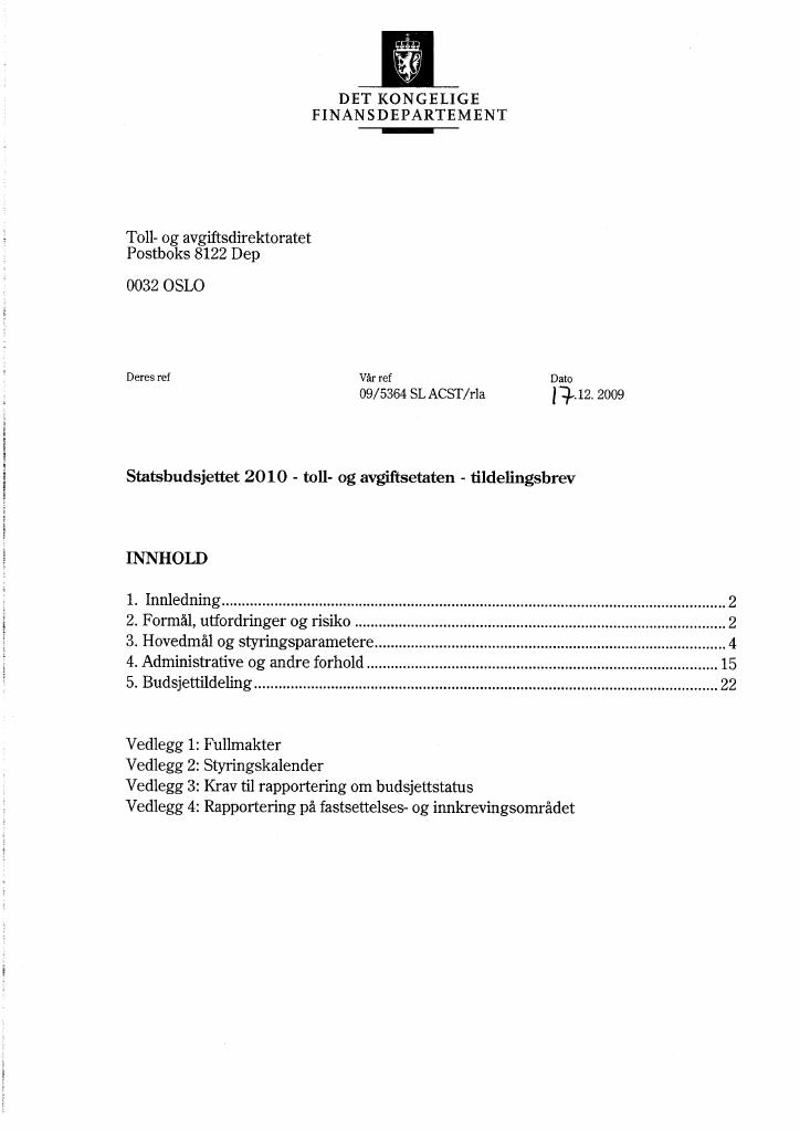 Forsiden av dokumentet Tildelingsbrev Toll- og avgiftsdirektoratet 2010