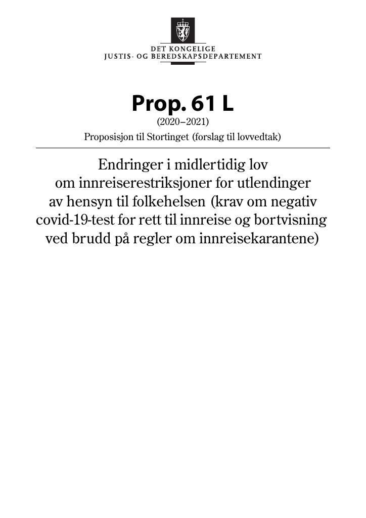 Forsiden av dokumentet Prop. 61 L (2020–2021)