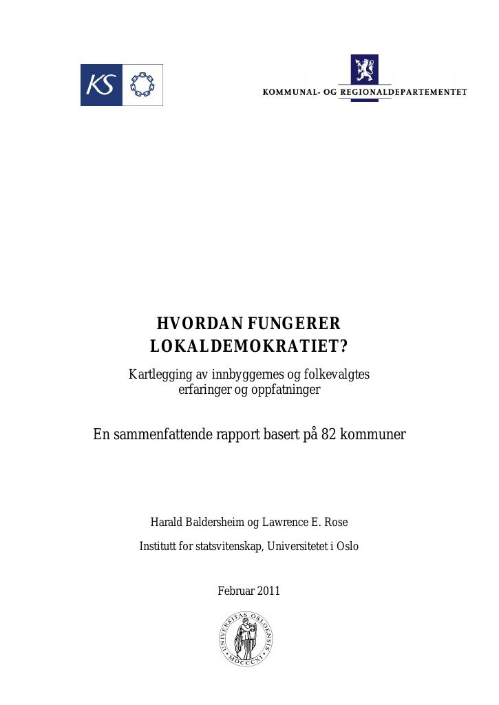 Forsiden av dokumentet Hvordan fungerer lokaldemokratiet? Kartlegging av innbyggernes og folkevalgtes erfaringer og oppfatninger