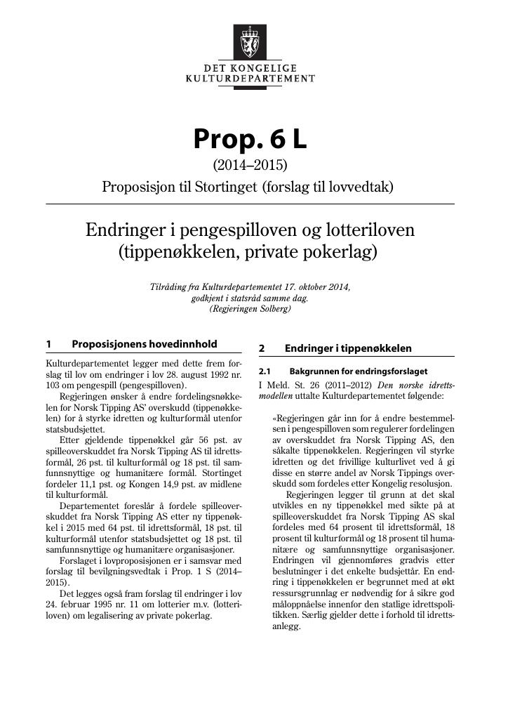 Forsiden av dokumentet Prop. 6 L (2014–2015)