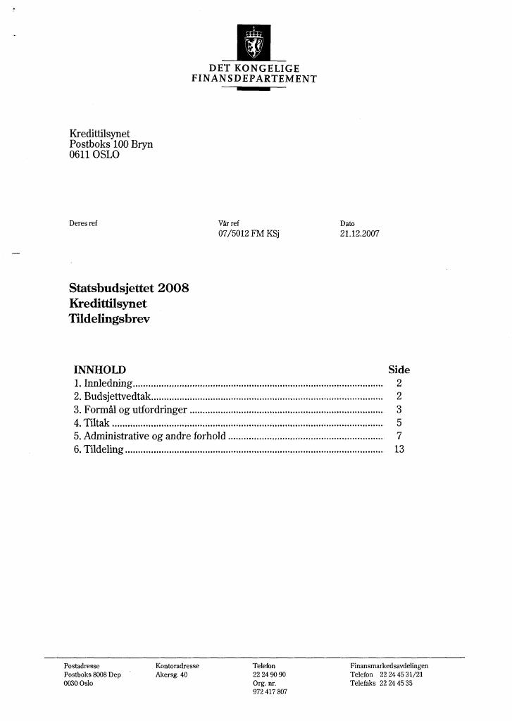 Forsiden av dokumentet Tildelingsbrev Kredittilsynet 2008