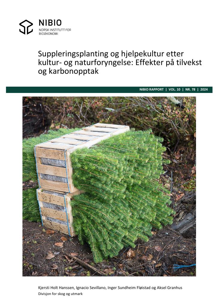 Forsiden av dokumentet Suppleringsplanting og hjelpekultur etter kultur- og naturforyngelse : effekter på tilvekst og karbonopptak