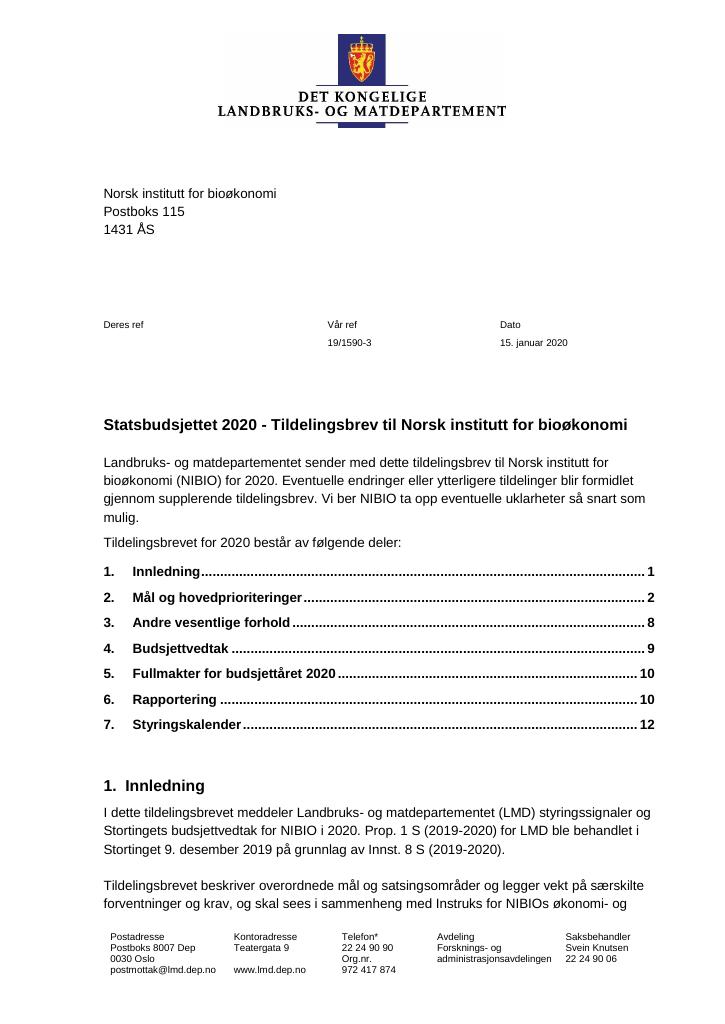 Forsiden av dokumentet Tildelingsbrev Norsk institutt for bioøkonomi 2020