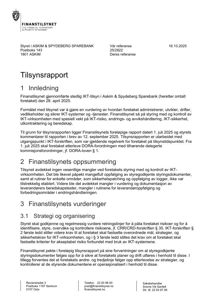 Forsiden av dokumentet Tilsynsrapport Askim & Spydeberg Sparebank