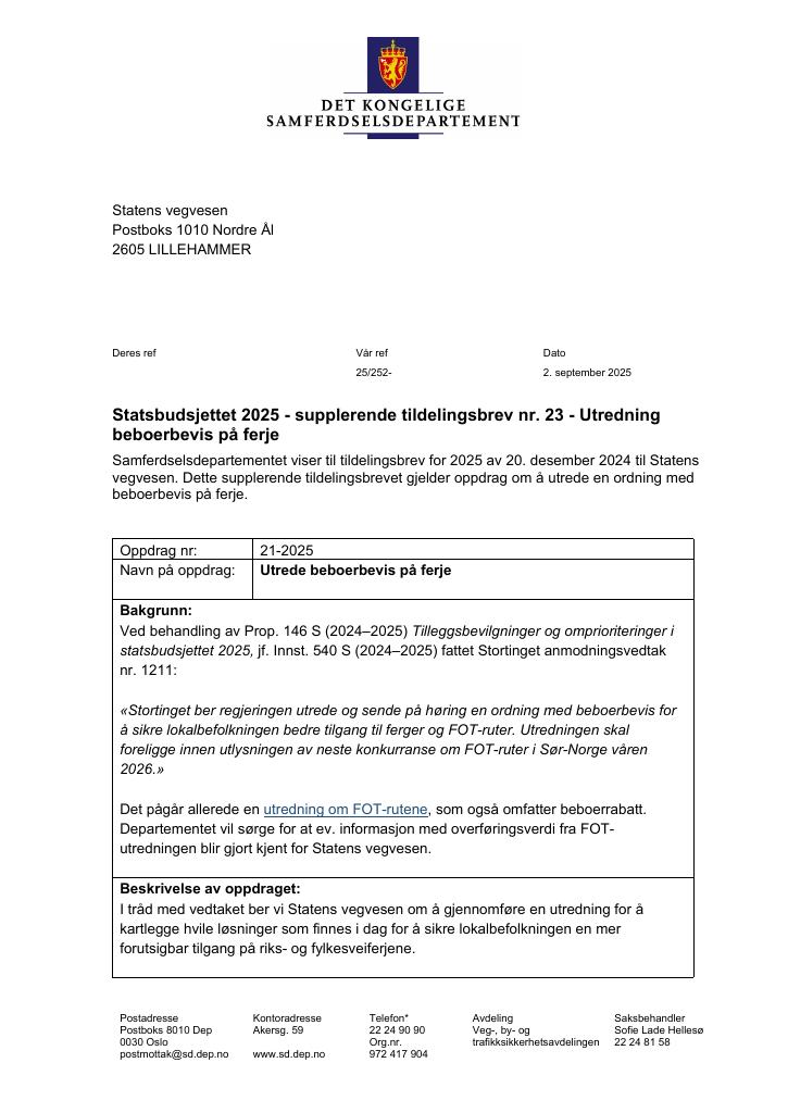 Forsiden av dokumentet Tildelingsbrev Statens vegvesen 2025 - tillegg nr. 23
