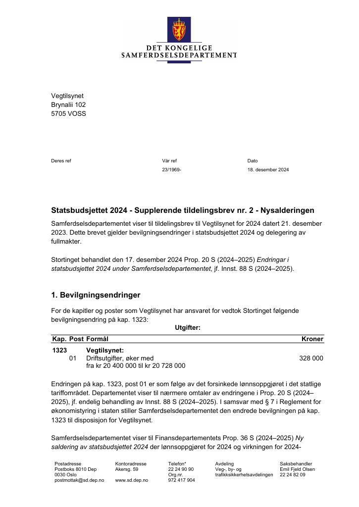 Forsiden av dokumentet Tildelingsbrev Vegtilsynet 2024 - tillegg nr. 2