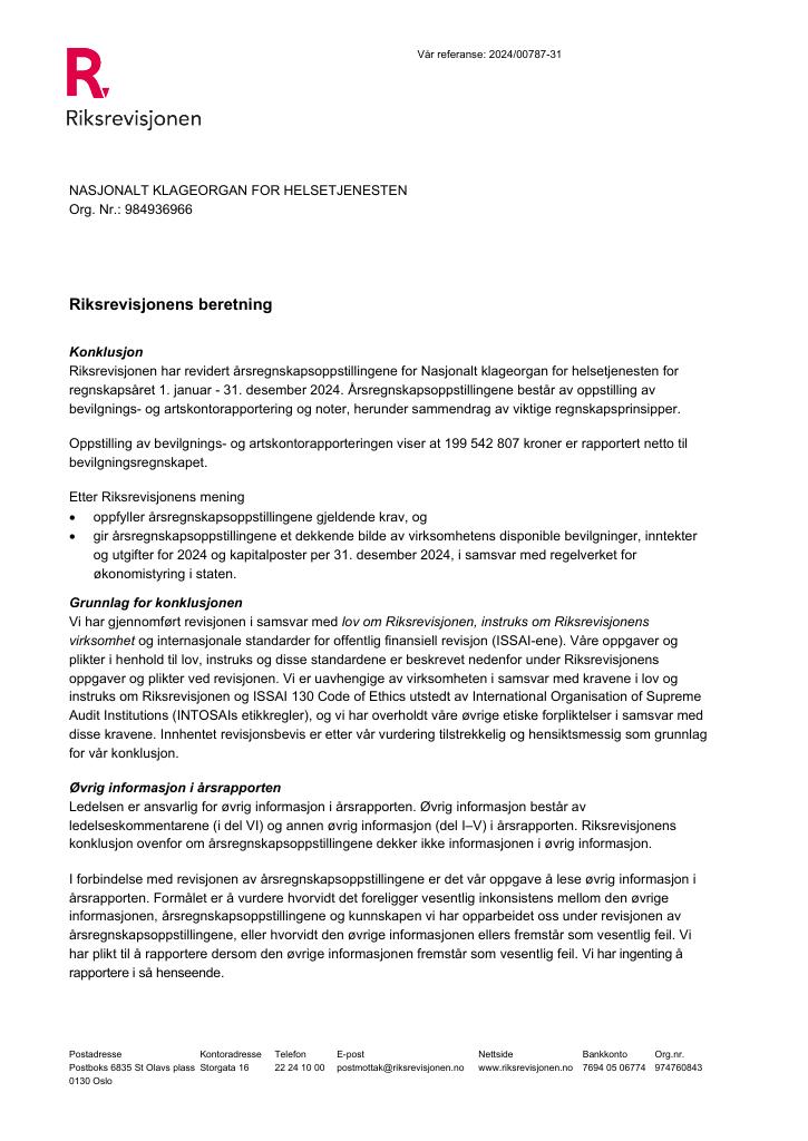 Forsiden av dokumentet Revisjonsberetning Nasjonalt klageorgan for helsetjenesten 2024