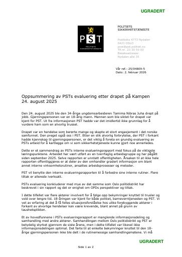 Forsiden av dokumentet Oppsummering av PSTs evaluering etter drapet på Kampen