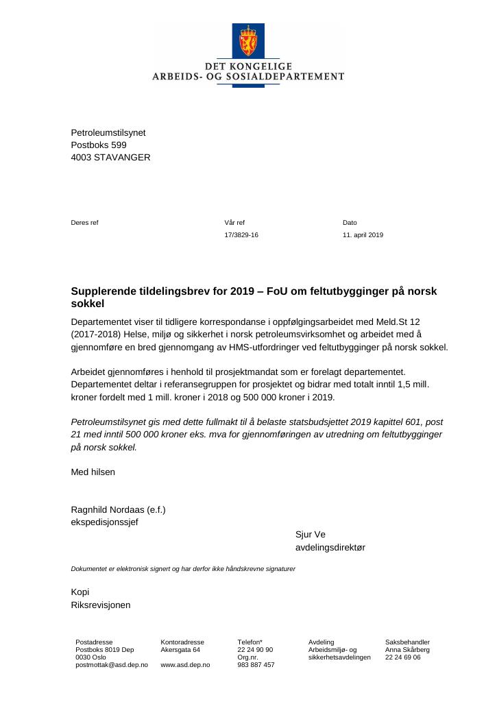 Forsiden av dokumentet Supplerende tildelingsbrev nr. 2 Petroleumstilsynet 2019