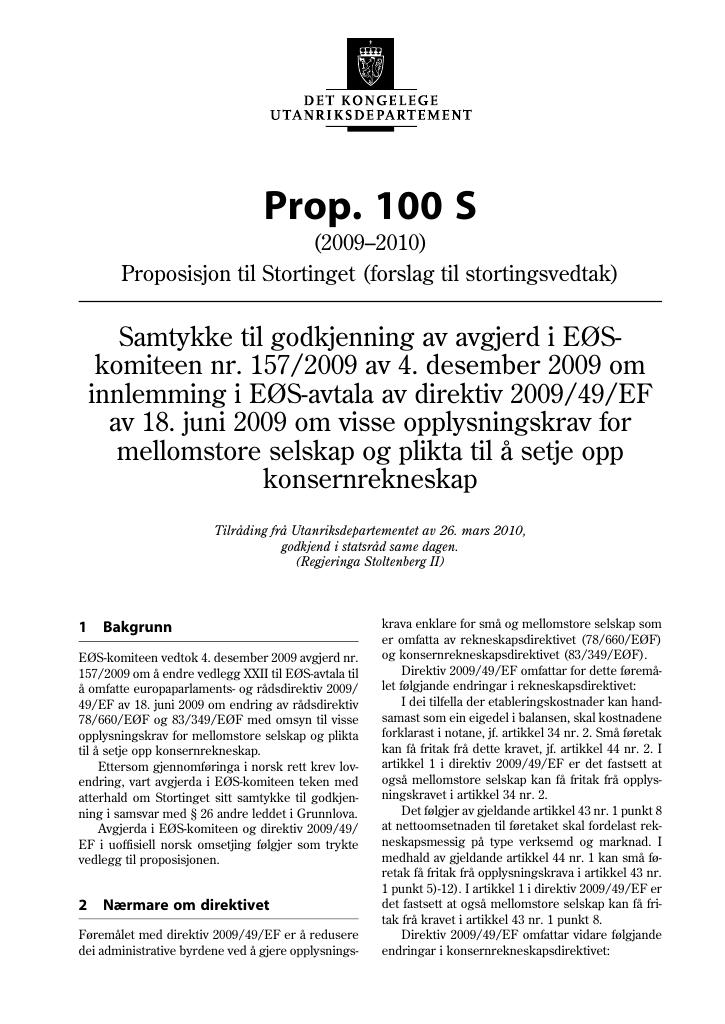 Forsiden av dokumentet Prop. 100 S (2009-2010)