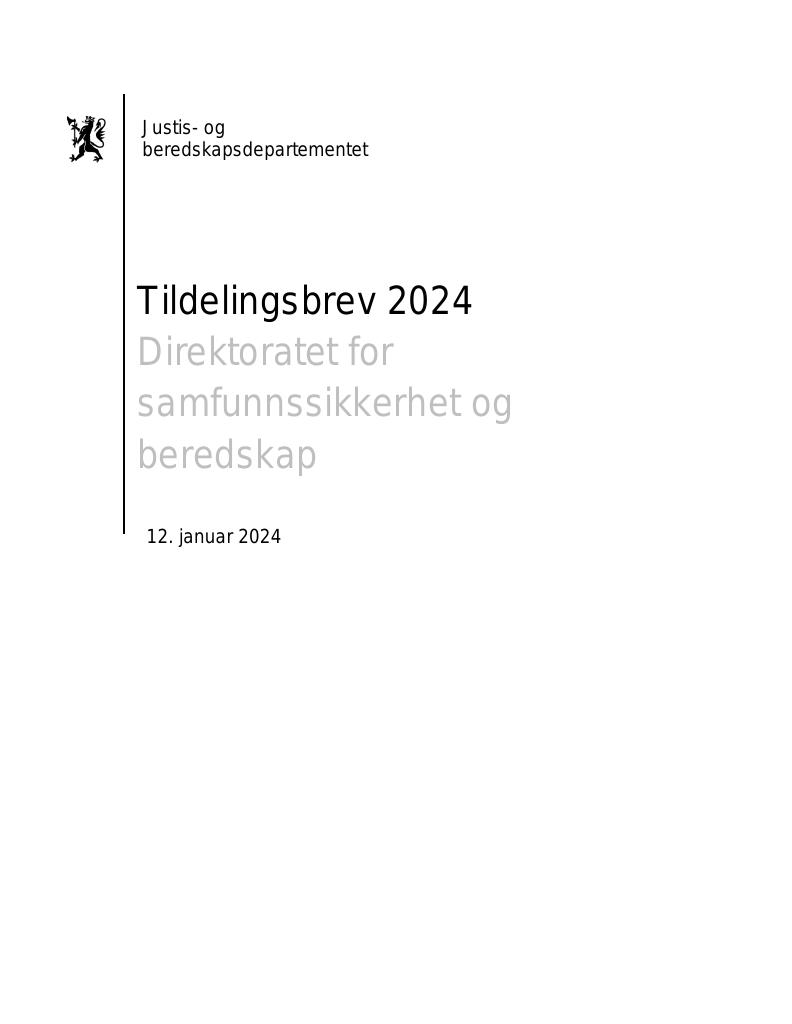 Forsiden av dokumentet Tildelingsbrev Direktoratet for samfunnssikkerhet og beredskap 2024